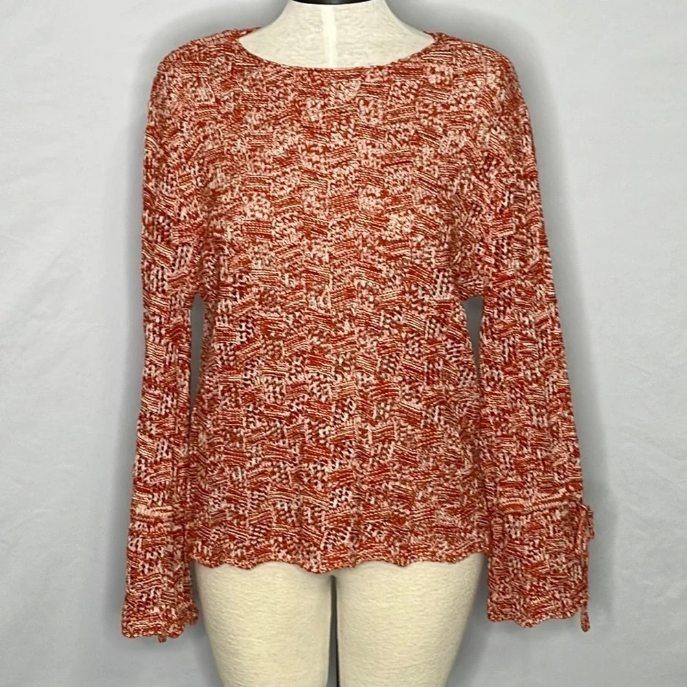 Umgee Open Crochet Long Bell Sleeve Sweater in Rust Orange - Size Small